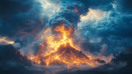 Fiery volcanic eruption amidst dramatic storm clouds and mountains.