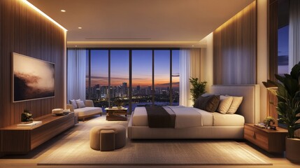 Modern bedroom with warm lighting and wood paneling, creating a harmonious blend of natural textures and sleek design