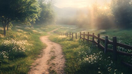 Obraz premium Peaceful countryside dirt path meanders alongside rustic wooden fence as morning sunlight filters through green trees. Rolling hills and wild flowers create tranquil rural scene with soft natural ligh