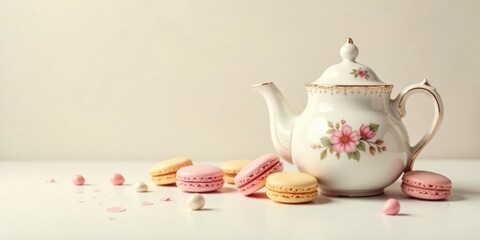 A delicate porcelain teapot with floral design sits beside an assortment of pastel macarons and small decorative candies, creating a charming and elegant tea time scene.