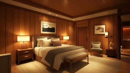 Warmly lit modern bedroom with wood-paneled walls, focusing on a cozy and stylish design for a serene retreat.