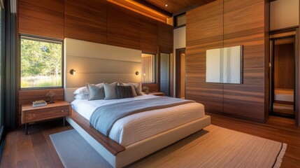 Warmly lit modern bedroom with wood-paneled walls, focusing on a cozy and stylish design for a serene retreat.