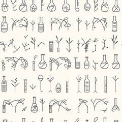 Scientific and botanical texture with laboratory equipment pattern
