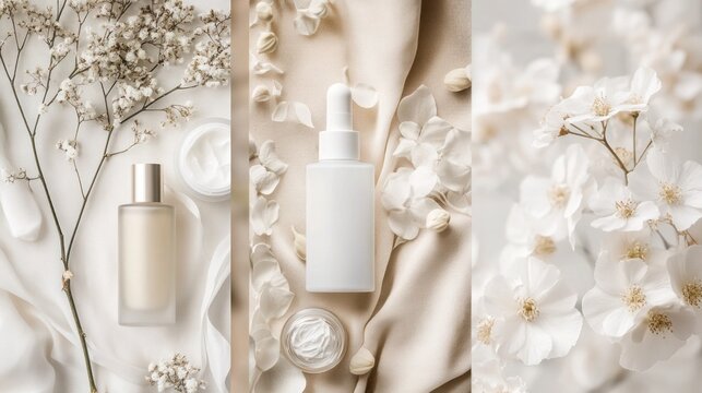 Skincare products, flowers, silk, studio, beauty