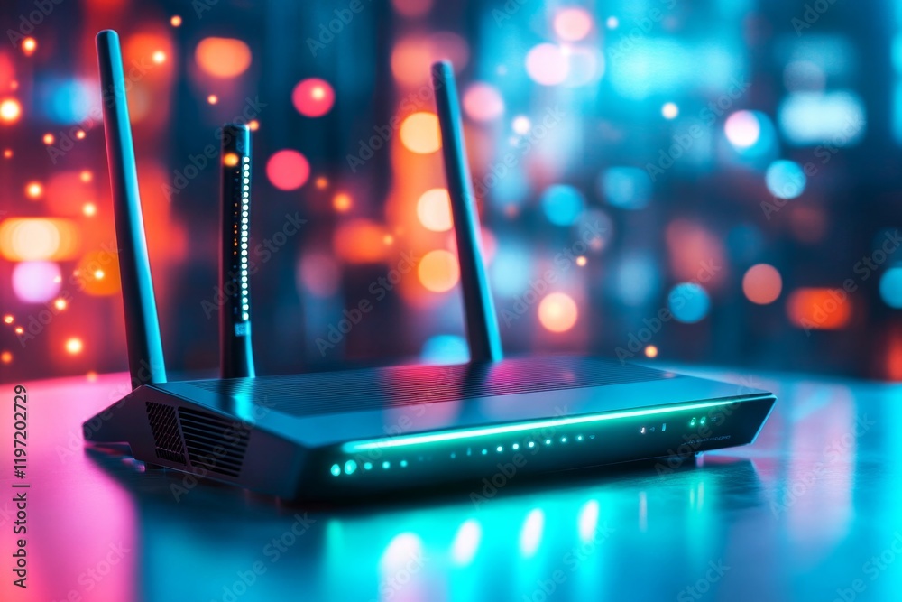 Poster A router with a VoIP connection glowing green, with a computer screen in the background displaying a call dashboard