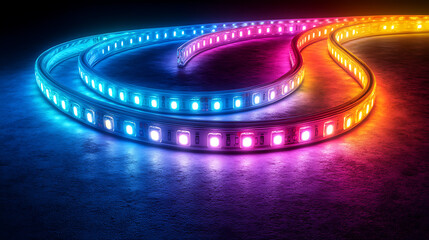 Colorful LED light strips arranged artistically on a dark surface, creating a vibrant atmosphere