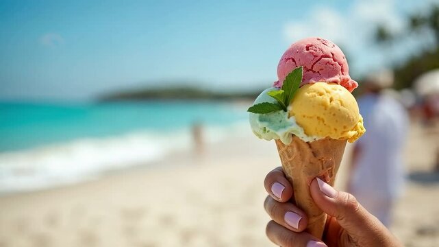 Helado de tres sabores en cono sostenido por una mano en la playa