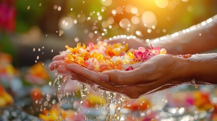 Hands Pouring Water with Flower Petals During Thai Songkran Festival, Symbolizing Renewal and Joy