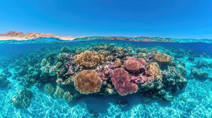 Naklejka premium Vibrant coral reef underwater scene, desert shoreline background, travel poster