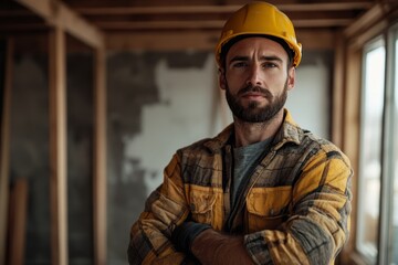 Confident construction worker at renovating house looking at camera. Generative AI