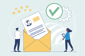 Flat design illustration, open envelope, resume document, profile picture, star rating, green checkmark, tiny business people, man in white shirt, woman in blue shirt, pale blue application, HR proces