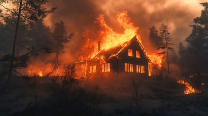 A burning wooden house in a forest, The fire is consuming the house and nearby trees within a dark forest