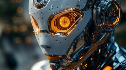 Close-up of a futuristic robot's head with glowing orange eyes.