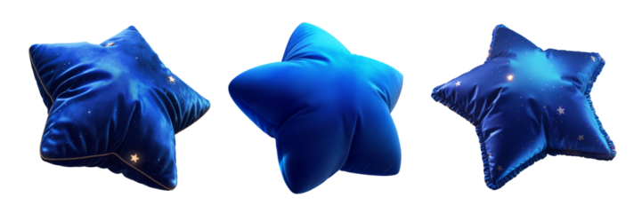 Blue velvet fabric star 3D icons isolated, Night dream sleeping star shaped pillow 3D illustration. Ai generated