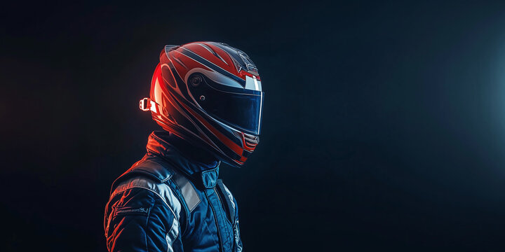 A side profile of a racer wearing a red and black helmet with a dark visor, illuminated by a subtle backlight, against a dark dramatic background.