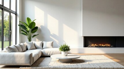 Modern Minimalist Living Room Design with Cozy Fireplace and Abundant Natural Light