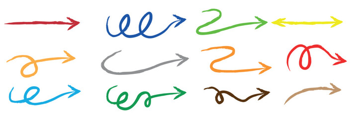 Set of colorful arrow signs and direction pointers in different styles. Many different arrow icons. Vector illustration isolated on clear background.