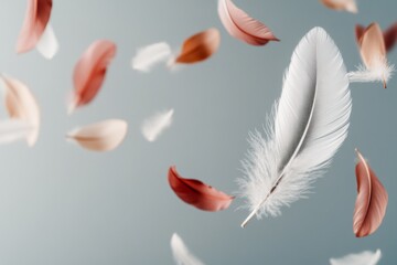 Naklejka premium A single, fragile feather floating mid-air in a minimalist composition with soft shadows and a neutral background