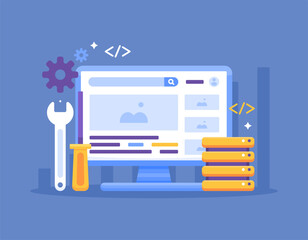 website repair and maintenance concept. website development. repair and maintenance of servers and domain addresses. services and technology. illustrations. flat style design. elements
