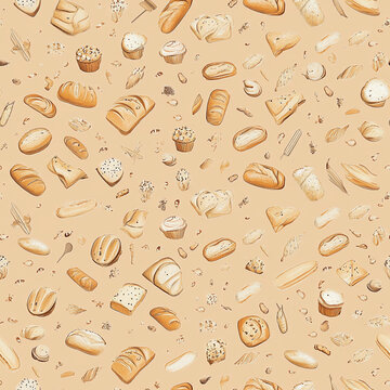 Variety of bread and pastry texture pattern with warm tones