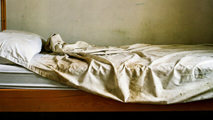A simple bed with unmade dirty sheets and a crumpled blanket, giving off a feeling of neglect. Concepts of hygiene, unsanitary conditions, cleaning, disgust, dysfunctional family, guardianship
