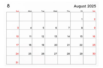 Calendar August 2025 page isolated on white background.