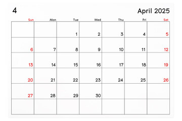 Calendar April 2025 page isolated on white background.