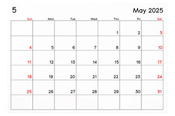 Calendar May 2025 page isolated on white background.