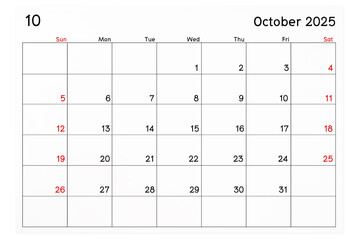 Calendar October 2025 page isolated on white background.