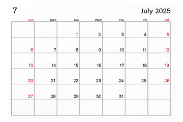 Calendar July 2025 page isolated on white background.
