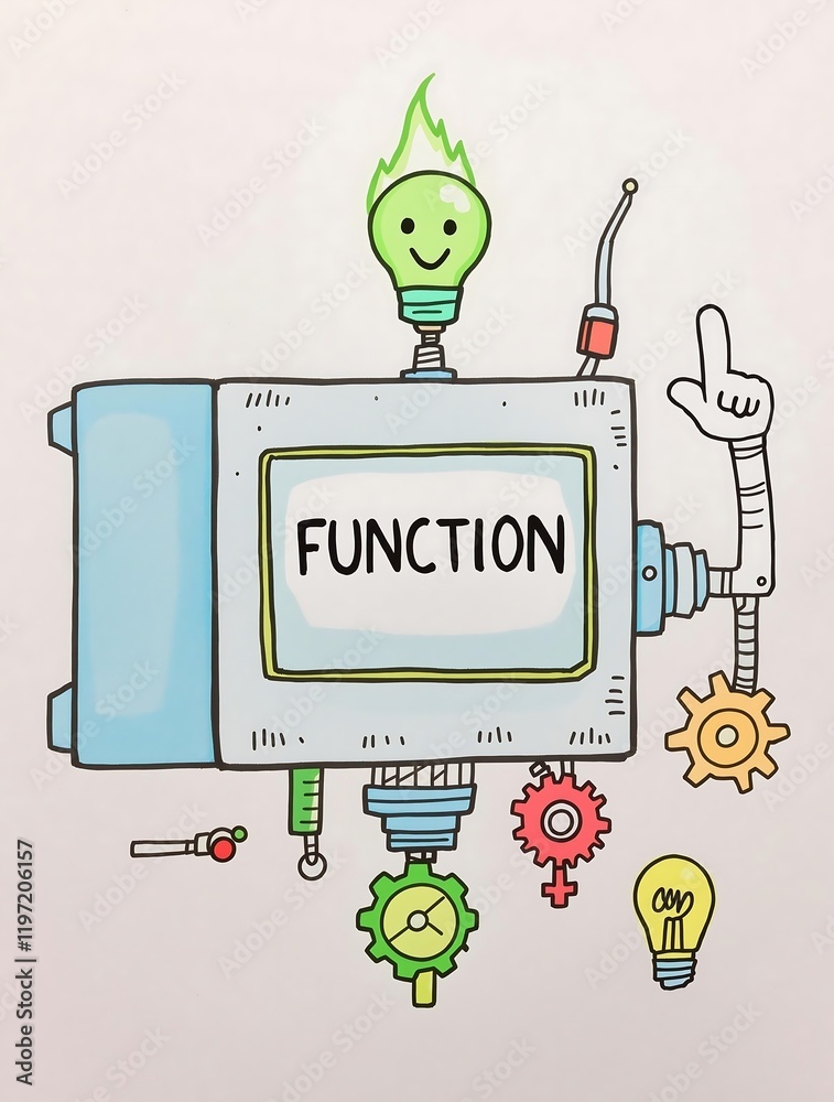 Poster illustration of programming functions with machine cogs and wheels stylized as doodles, representing