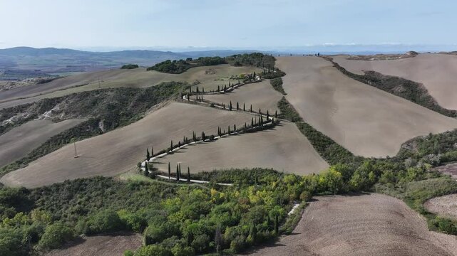 Aerial View of La Foce Zig Zag Road in Tuscany, Italy