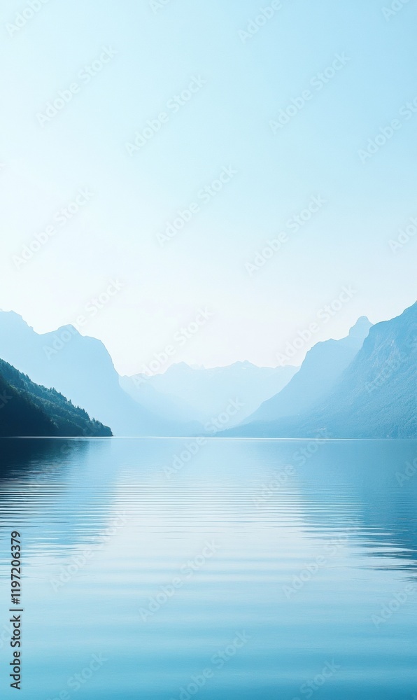 Poster Serene lake reflecting mountains under a clear blue sky with ample space for text and mock up design. Generative AI