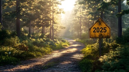 Yellow diamond road sign displaying "2025" stands along forest path with tall pine trees. Golden sunlight streams through woods, illuminating winding dirt road in dramatic morning atmosphere.