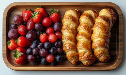 Freshly baked croissants and ripe berries on a wooden tray