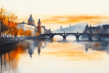 Naklejka premium A soft watercolor painting of the Vltava River during sunrise, with warm hues blending into the calm water and Prague skyline in the distance