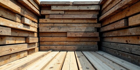 Rustic Wooden Beams Stacked in a Room, Creating a Textured and Natural Setting Ideal for Construction or Design Inspiration