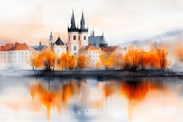 Obraz premium A soft watercolor painting of the Vltava River during sunrise, with warm hues blending into the calm water and Prague skyline in the distance
