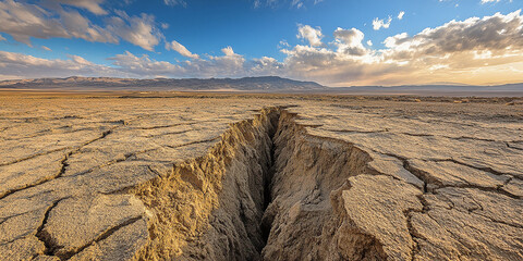 Wide-angle view of a dry desert landscape with deep cracks in the ground, surrounded by distant mountains and a dramatic blue sky with scattered clouds.