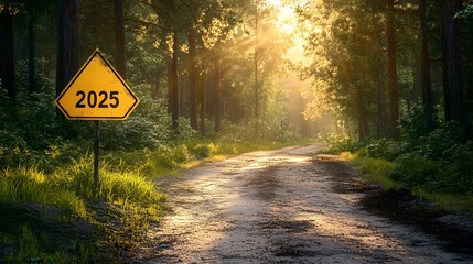 Yellow diamond road sign displaying "2025" stands along forest path with tall pine trees. Golden sunlight streams through woods, illuminating winding dirt road in dramatic morning atmosphere.