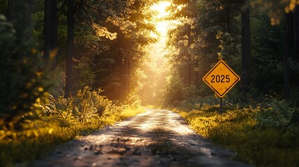 Yellow diamond road sign displaying "2025" stands along forest path with tall pine trees. Golden sunlight streams through woods, illuminating winding dirt road in dramatic morning atmosphere.
