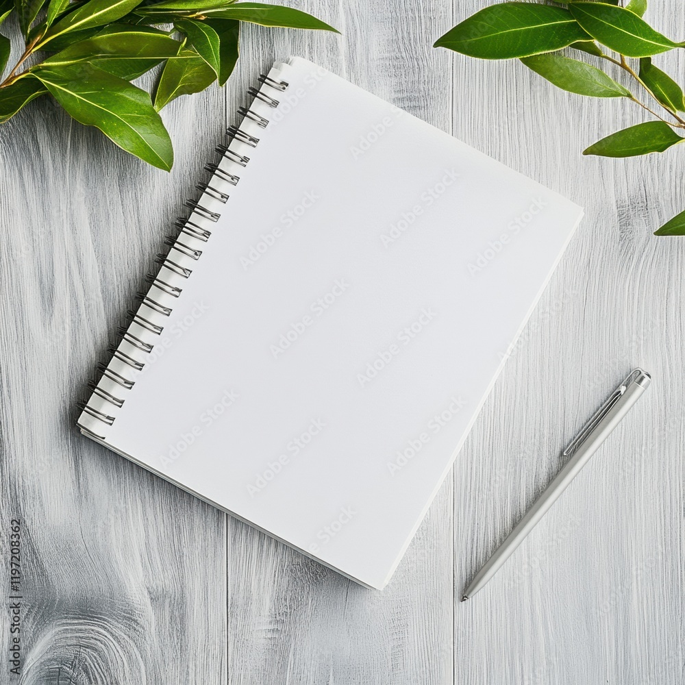 Poster blank notepad and pen surrounded by green leaves on a wooden surface for creating notes or ideas. ge