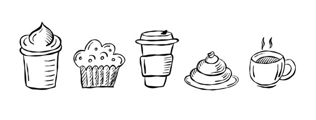 Sweet treats and beverages displayed in a stylish cafe setting with various desserts and drinks on a clean white background