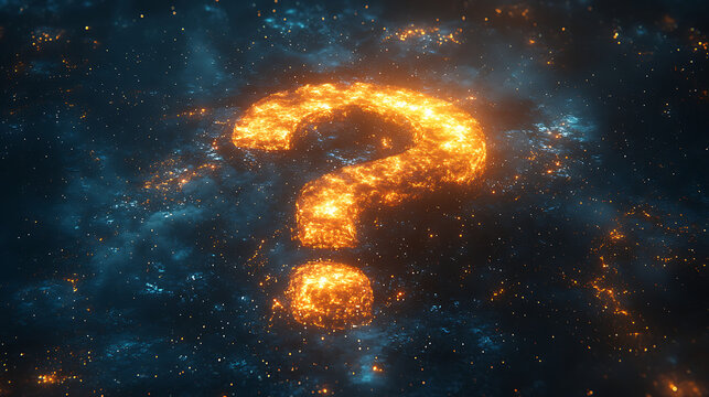 Glowing question mark formed by fiery particles in a cosmic space, symbolizing curiosity and mystery