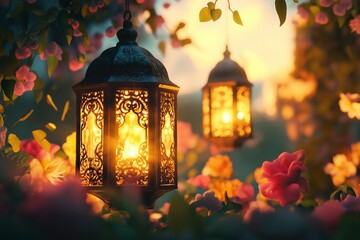 Fototapeta premium Eid Mubarak and Ramadan Kareem greetings with Islamic lanterns and floral decorations.