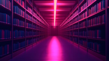 Futuristic Glowing Holographic Library with Infinite Book Shelves