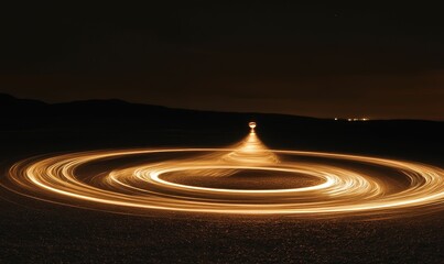 Night scene with circular light trails on ground.