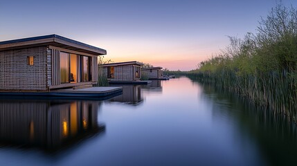 Fototapeta premium Lakeside floating cabins at sunset, tranquil getaway