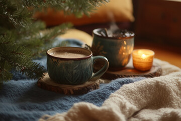 Cozy winter gathering with warm drinks, blankets, and a soothing candlelit atmosphere