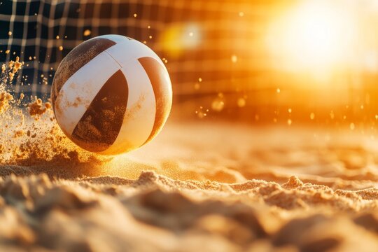 A vibrant action shot of a volleyball smashing into the sand during an intense beach game
